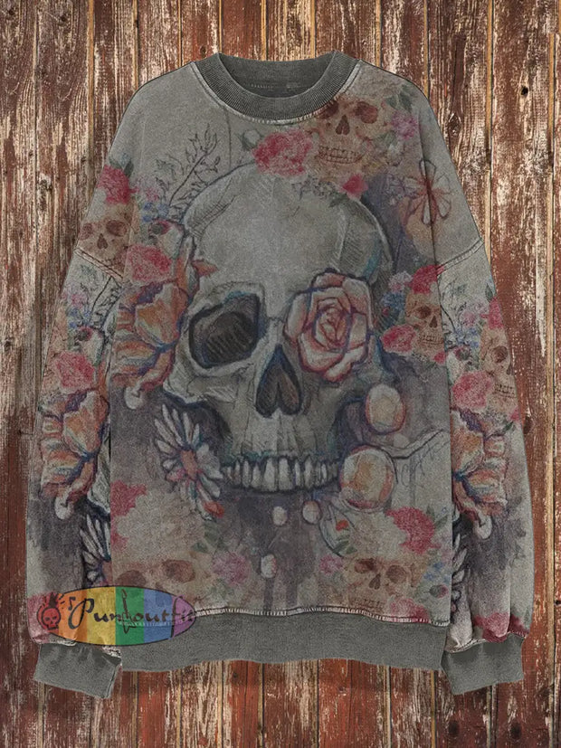 Unisex Retro Skull Art Print Casual Loose Round Neck Long Sleeved Sweatshirt Gray / S