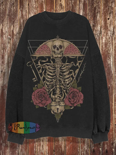 Unisex Retro Skull Flower Abstract Art Print Casual Loose Round Neck Long Sleeved Hoodie Black / S