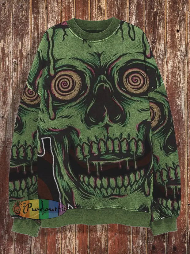 Unisex Retro Skull Pattern Design Art Print Casual Loose Round Neck Long Sleeved Sweatshirt Green /