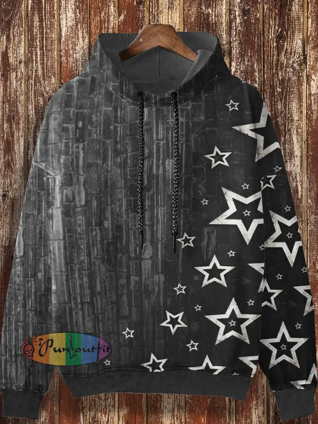 Unisex Retro Star Pattern Printed Casual Loose Long Sleeved Hooded Sweatshirt Black / S