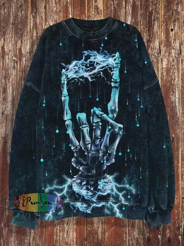 Unisex Rock Lighting Halloween Print Crew Neck Casual Sweatshirt Black / S