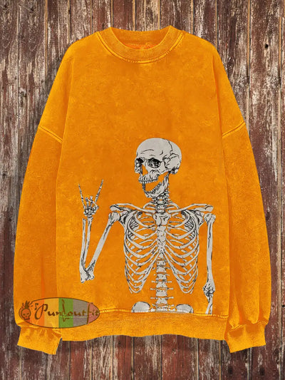 Unisex Rock Skull Print Halloween Crew Neck Casual Sweatshirt Orange / S