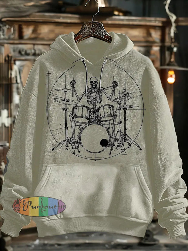 Unisex Rock Skull Print Halloween Hooded Sweatshirt With Pocket Light Yellow / S