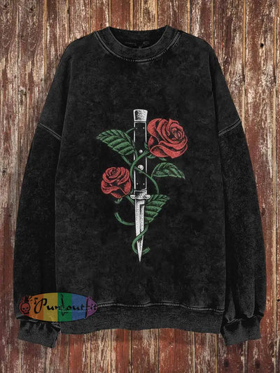 Unisex Rose And Knife Print Halloween Crew Neck Casual Sweatshirt Black / S