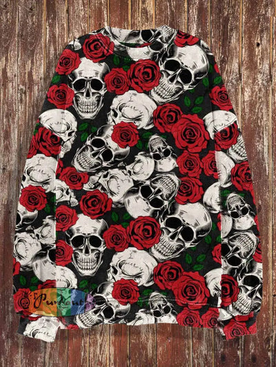 Unisex Rose And Skull Print Halloween Crew Neck Casual Sweatshirt Red / S