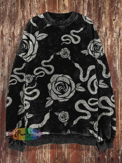 Unisex Rose And Snake Print Halloween Crew Neck Casual Sweatshirt Black / S