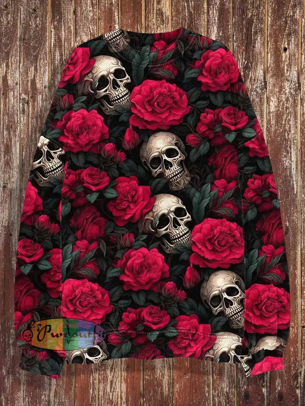 Unisex Rose Skull Print Halloween Crew Neck Casual Sweatshirt Colorful / S