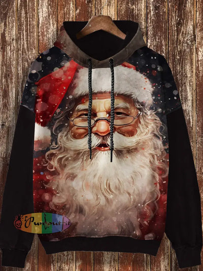 Unisex Santa Claus Retro Printed Casual Loose Long Sleeved Hooded Sweatshirt Black / S