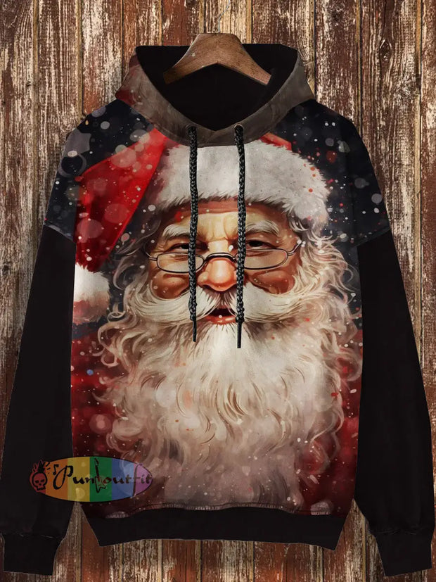 Unisex Santa Claus Retro Printed Casual Loose Long Sleeved Hooded Sweatshirt Black / S