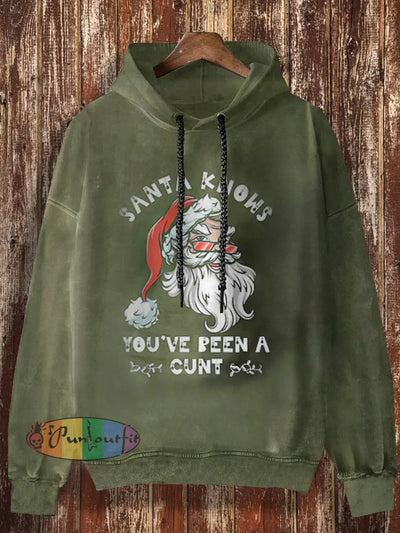 Unisex Santa Knows Print Christmas Casual Hooded Sweatshirt Green / S