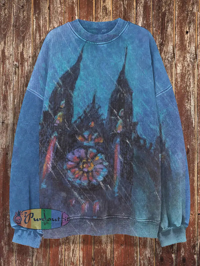 Unisex Scare Bell Tower Print Halloween Crew Neck Casual Sweatshirt Blue / S