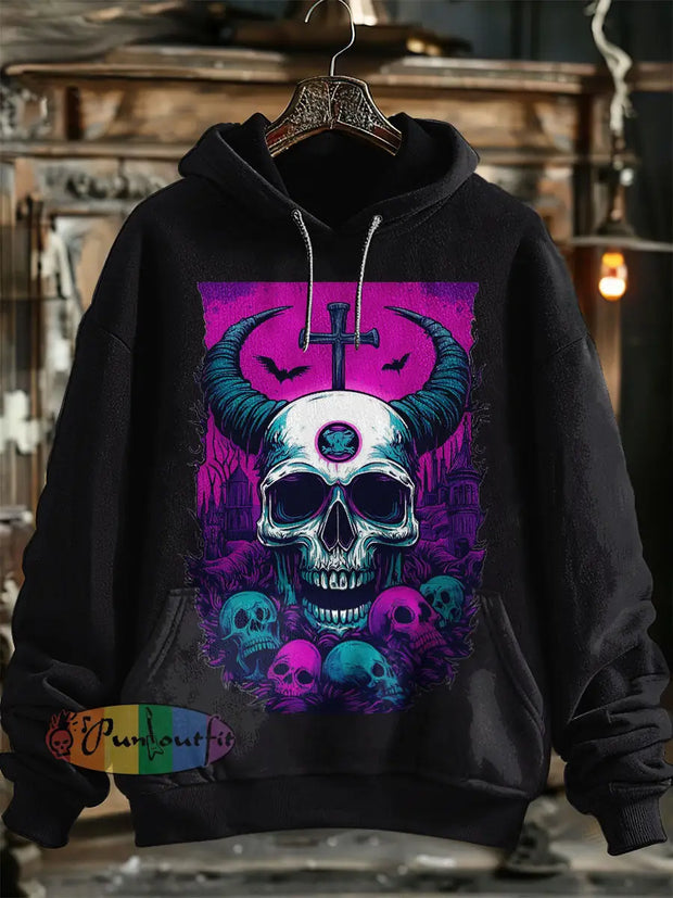 Unisex Sheephorn Skull Print Halloween Hooded Sweatshirt With Pocket Black / S