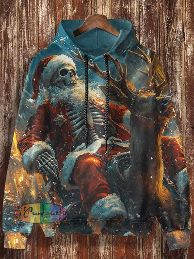 Unisex Skeleton Santa Claus Print Casual Hooded Sweatshirt Colorful / S