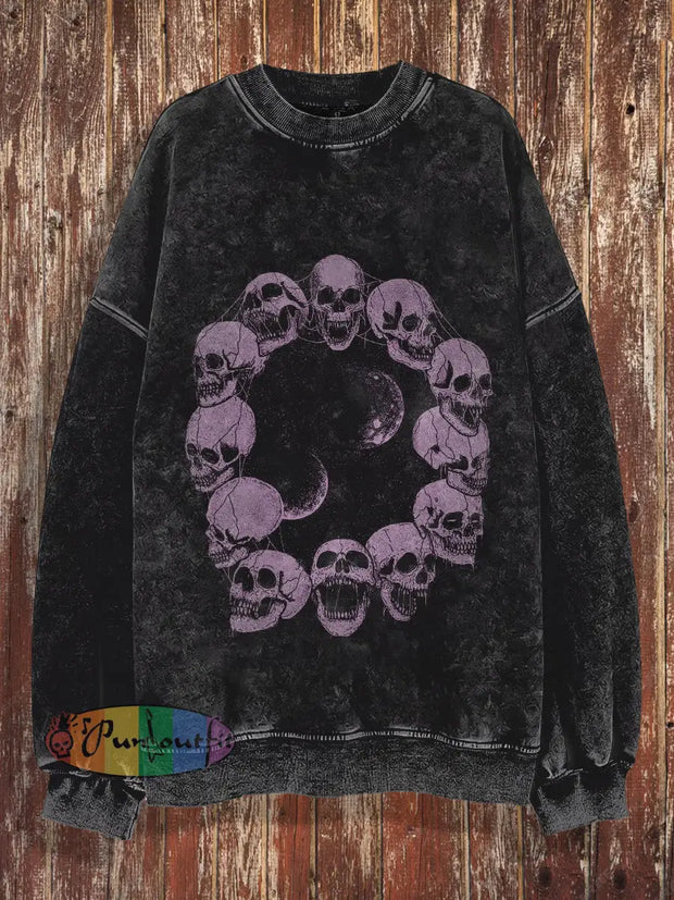 Unisex Skull And Moon Print Halloween Crew Neck Casual Sweatshirt Black / S