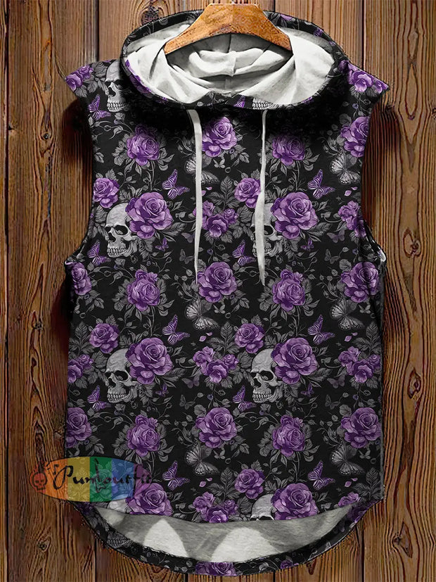 Unisex Skull And Rose Print Casual Hooded Tank Top Black / S