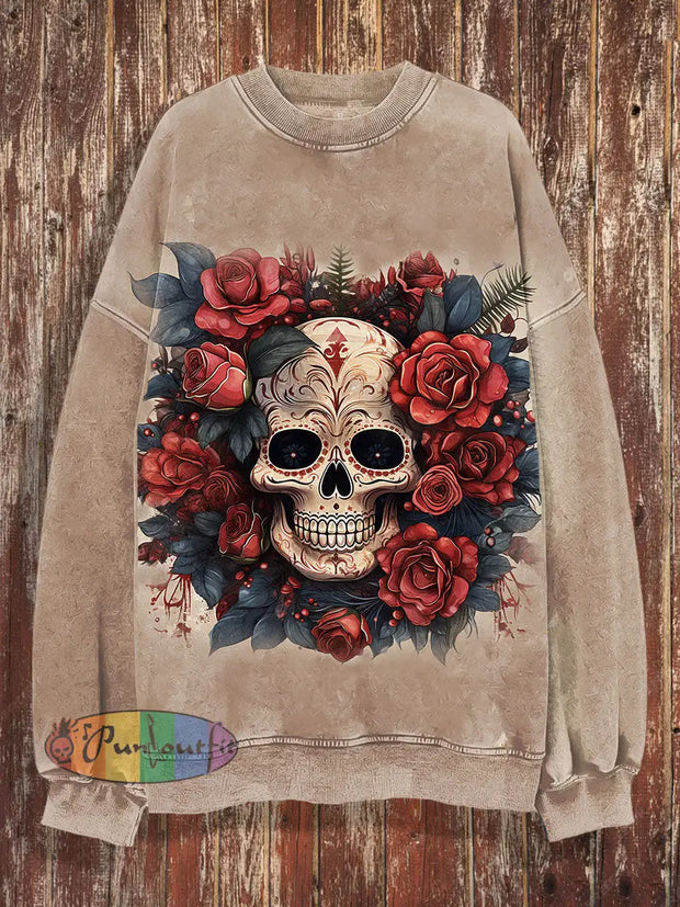 Unisex Skull And Rose Print Crew Neck Casual Sweatshirt Light Brown / S