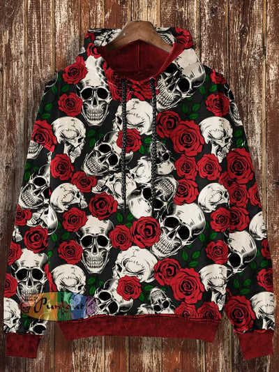 Unisex Skull And Rose Print Halloween Crew Neck Casual Hooded Sweatshirt Red / S