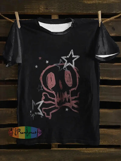 Unisex Skull And Star Print Punk Casual Short Sleeves T-Shirt Black / S