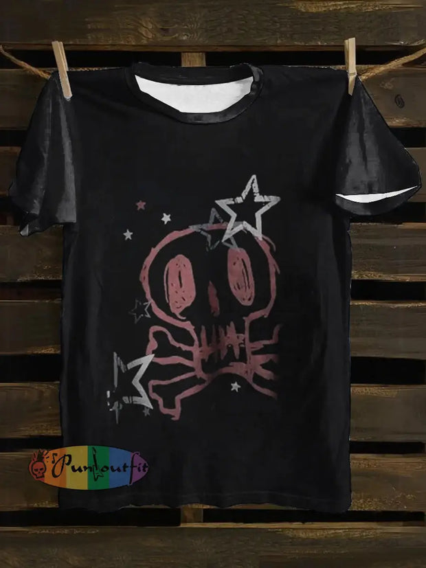 Unisex Skull And Star Print Punk Casual Short Sleeves T-Shirt Black / S