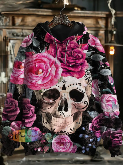 Unisex Skull Around Rose Print Hooded Sweatshirt With Pocket Colorful / S