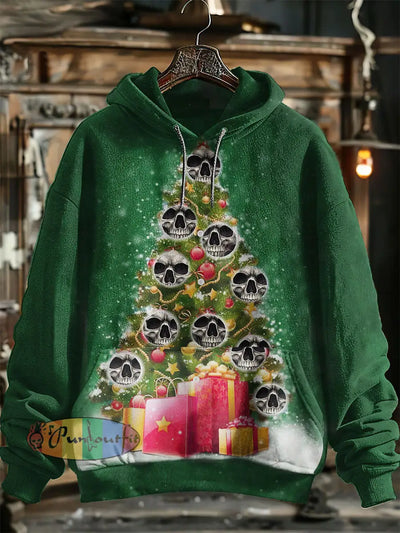 Unisex Skull Christmas Gift Print Hooded Sweatshirt With Pocket Green / S