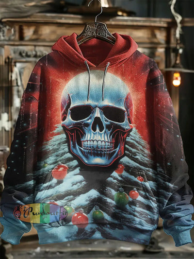 Unisex Skull Christmas Tree Print Hooded Sweatshirt With Pocket Red / S