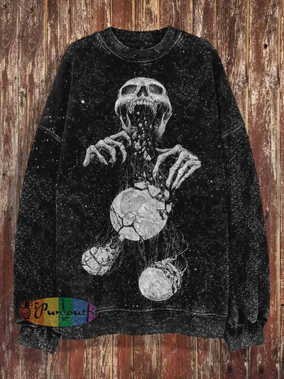 Unisex Skull Earth Print Halloween Crew Neck Casual Sweatshirt Black / S