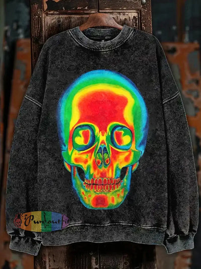 Unisex Skull Illustration Printed Casual Long Sleeve Sweatshirt Colorful / S