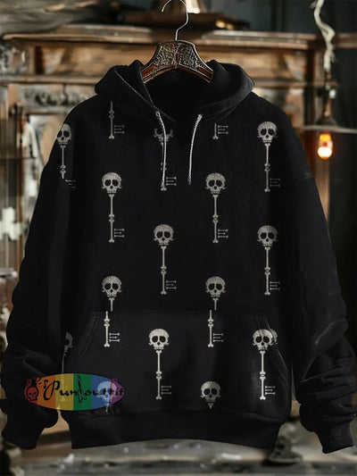 Unisex Skull Key Print Halloween Hooded Sweatshirt With Pocket Black / S