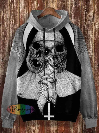 Unisex Skull Nun Print Halloween Casual Hooded Sweatshirt Black / S