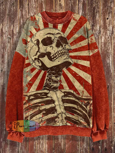 Unisex Skull Painting Abstract Print Halloween Crew Neck Casual Sweatshirt Red / S