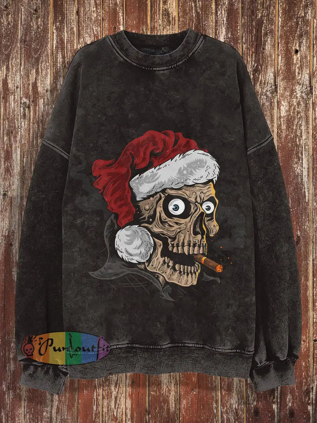 Unisex Skull Print Christmas Crew Neck Casual Sweatshirt Brown / S