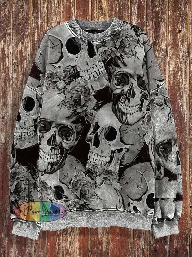 Unisex Skull Print Happy Halloween Crew Neck Casual Sweatshirt Black / S