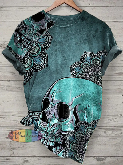 Unisex Skull Printed Vintage Fashion Loose Short Sleeve T-Shirt Lake Blue / S