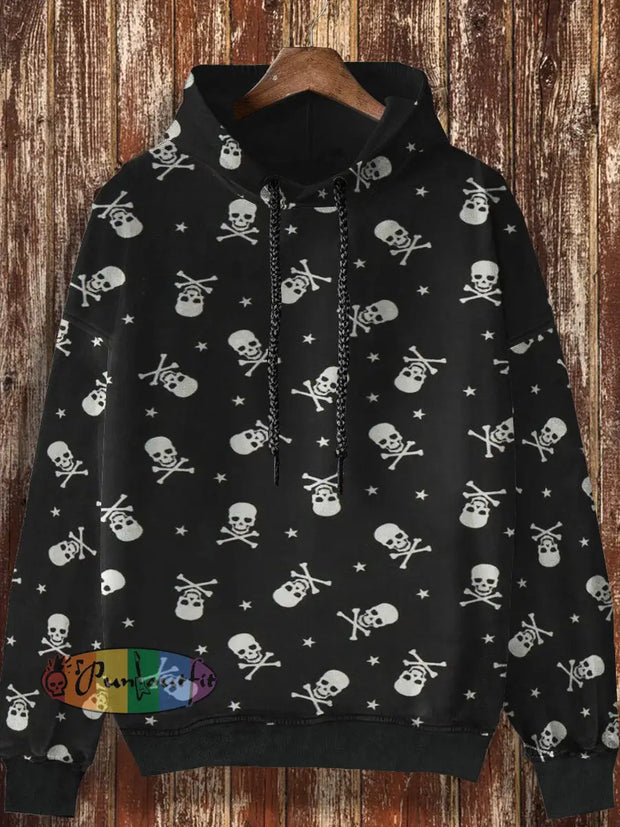 Unisex Skull Retro Print Casual Loose Long Sleeved Hooded Sweatshirt Black / S