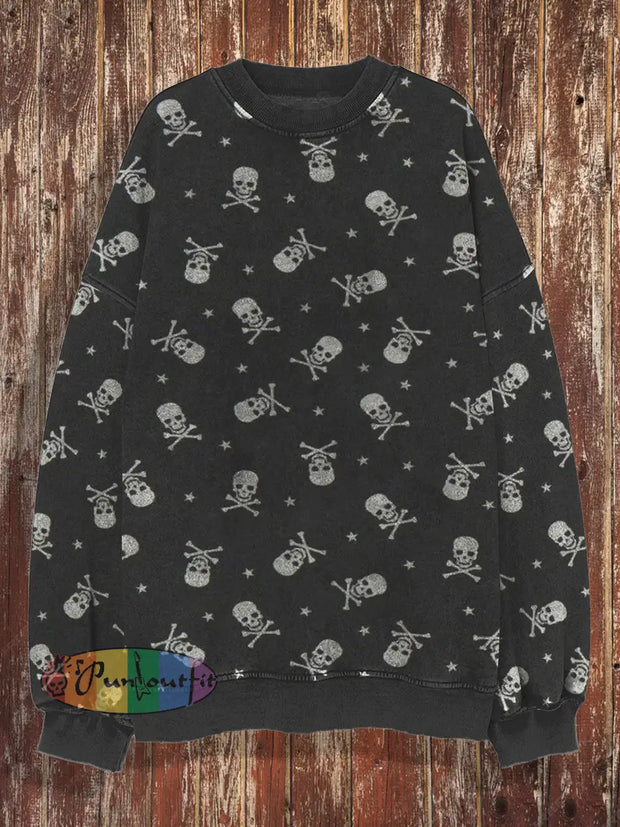 Unisex Skull Retro Print Casual Loose Round Neck Long Sleeved Sweatshirt Black / S