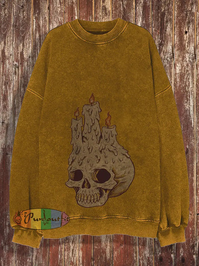 Unisex Skull Retro Printed Fashionable Round Neck Long Sleeved Sweatshirt Yellow / S