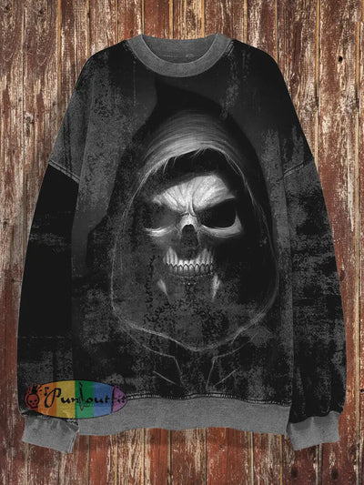 Unisex Skull Retro Printed Round Neck Casual Long Sleeved Sweatshirt Black / S