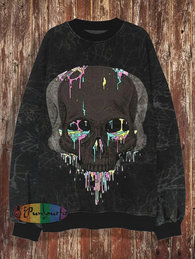 Unisex Skull Retro Round Neck Fashionable Loose Long Sleeved Sweatshirt Black / S