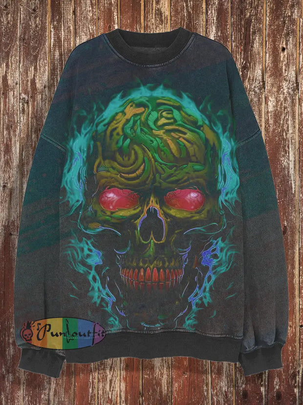 Unisex Skull Retro Round Neck Hoodie Loose Long Sleeved Sweatshirt Dark Gray / S