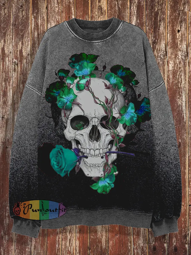 Unisex Skull Retro Round Neck Hoodie Loose Long Sleeved Sweatshirt Dark Grey / S