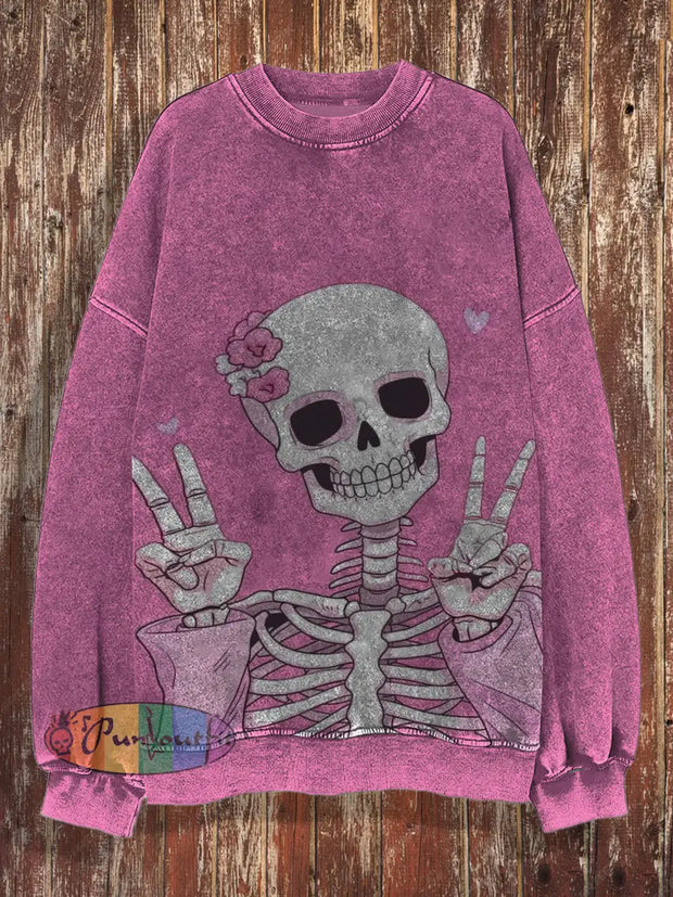 Unisex Skull Retro Round Neck Hoodie Loose Long Sleeved Sweatshirt Pink / S