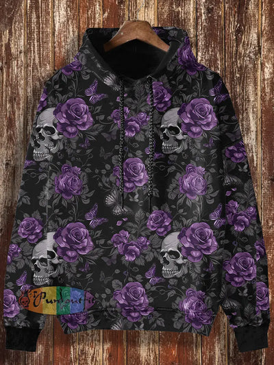 Unisex Skull Rose Butterfly Print Halloween Casual Hooded Sweatshirt Black / S