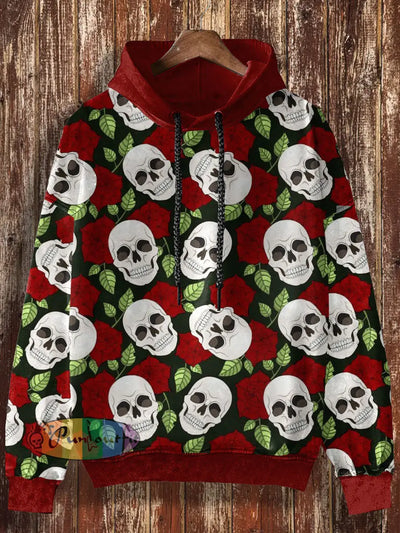 Unisex Skull-Rose Print Halloween Casual Hooded Sweatshirt Red / S