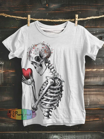 Unisex Skull Valentine Print Casual Short Sleeves T-Shirt White / S