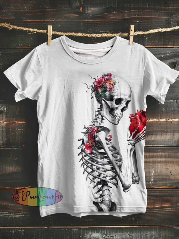 Unisex Skull Valentine’s Heart Print Casual Short Sleeves T-Shirt White / S