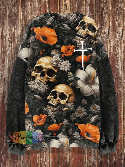 Unisex Skulls Flowers Cross Print Crew Neck Casual Sweatshirt Black / S