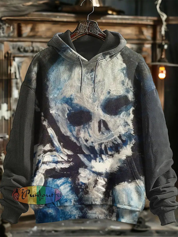 Unisex Smoking Skull Print Halloween Hooded Sweatshirt With Pocket Gray / S