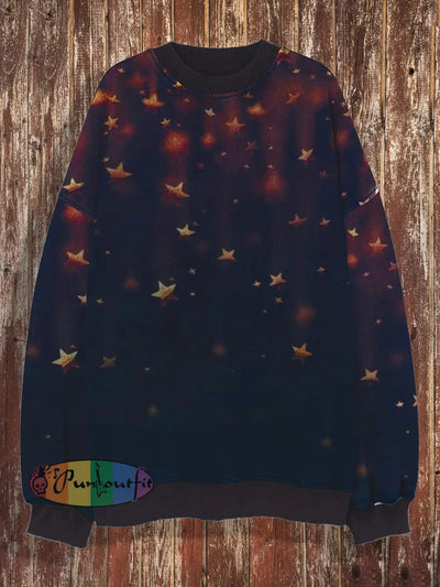 Unisex Starry Sky Print Casual Loose Round Neck Long Sleeved Sweatshirt Deep Purple / S