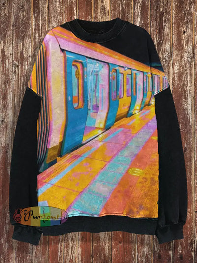 Unisex Subway Print Halloween Crew Neck Casual Sweatshirt Colorful / S